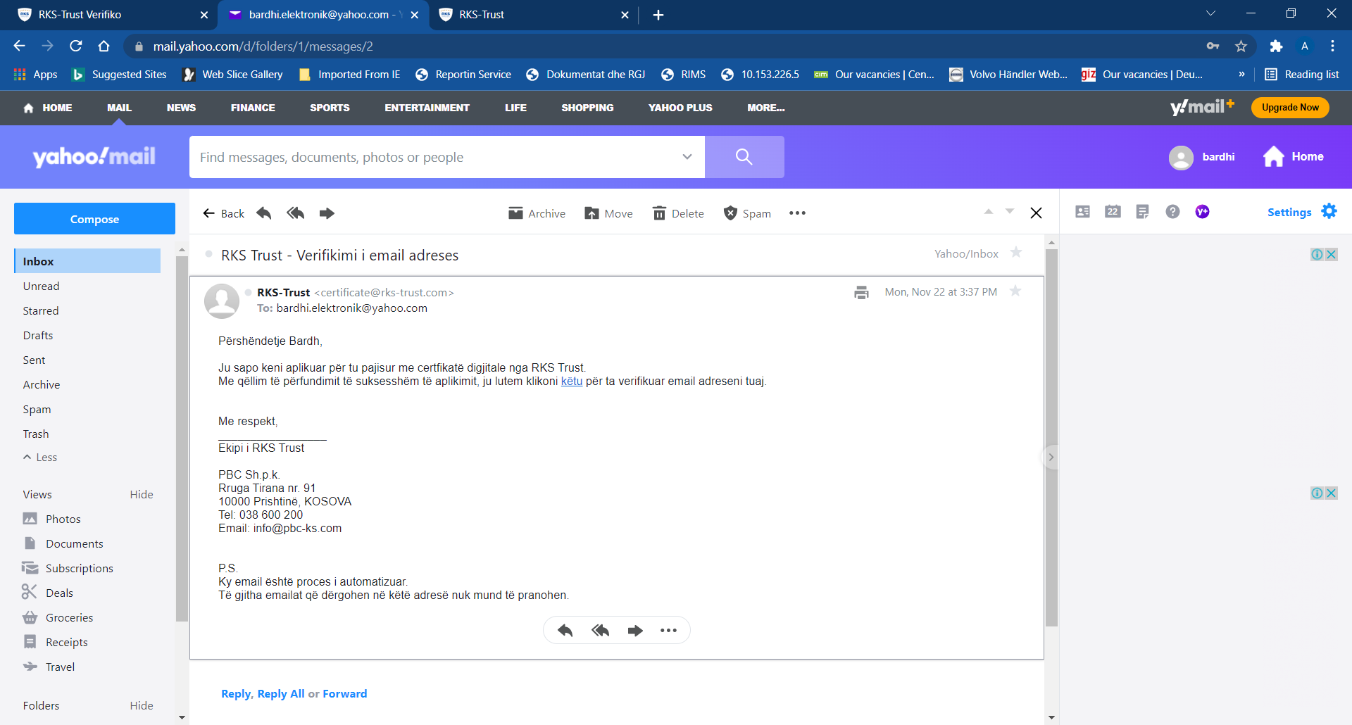 Fig. 1.10: Mesazhi i dërguar në email adresën tuaj për verifikim