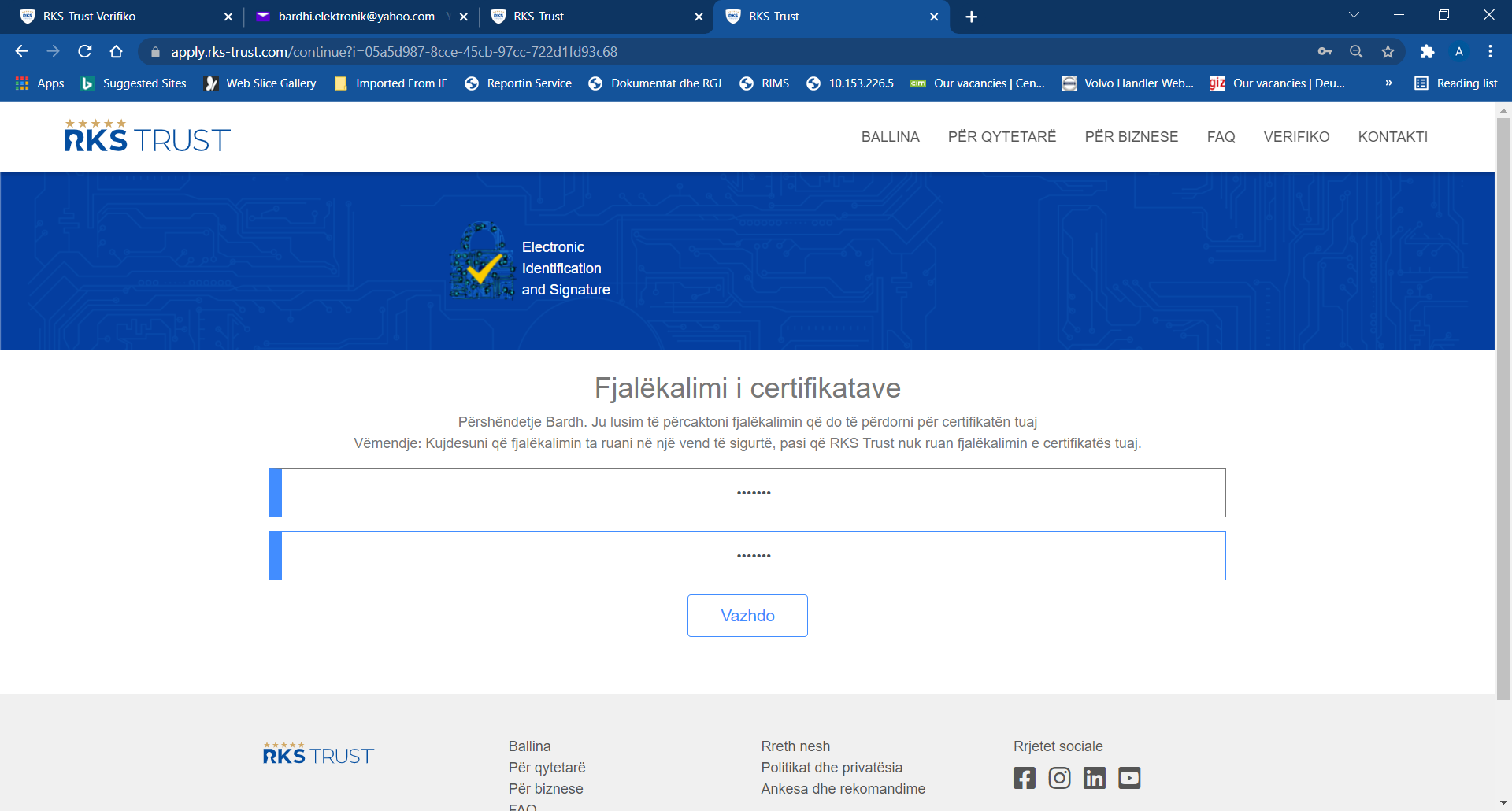 Futja e fjalëkalimit (paswordit) për mbrojtje të çelësit privat