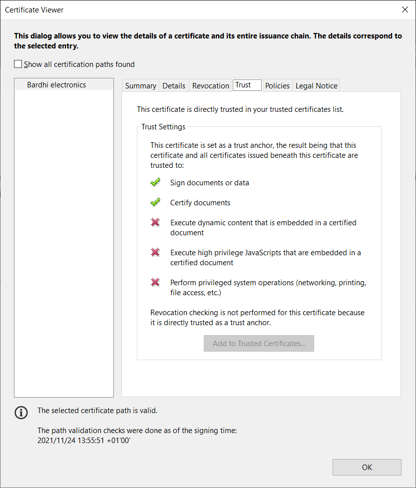 Fig.4.15: dritarja ku shihet se certifikata është ba e besueshme (trusted) nga pala që e ka pranuar dokumentin e vulosur ne formën elektronike